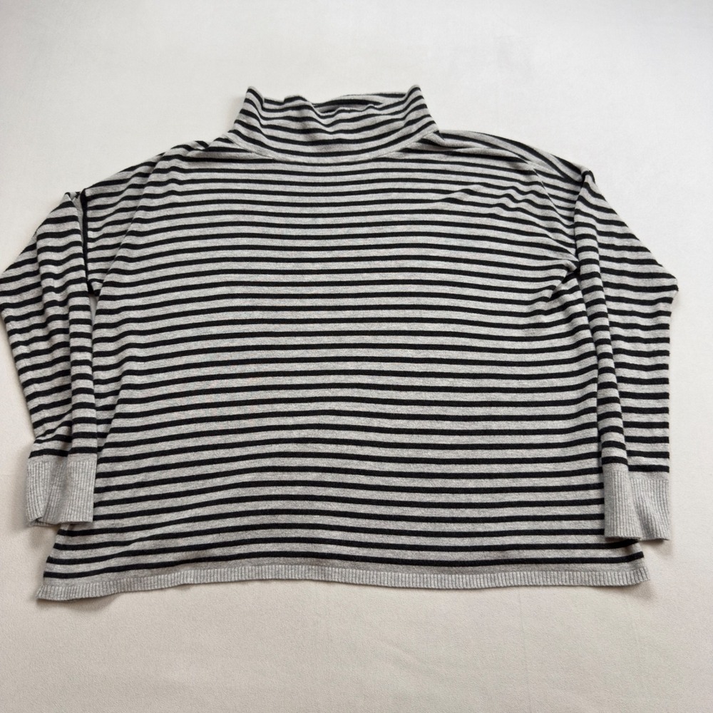 Eileen Fisher Womens Gray Black Striped Mock Neck Italian Yarn Sweater Size M